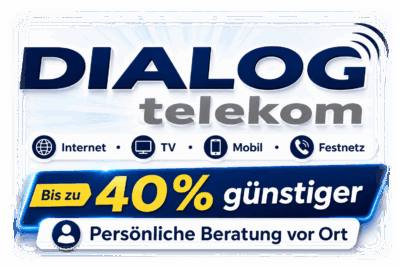 DIALOG telekom Logo mit Symbolen für Internet, TV, Mobilfunk und Festnetz sowie den Hinweisen „Bis zu 40 % günstiger“ und „Persönliche Beratung vor Ort“.