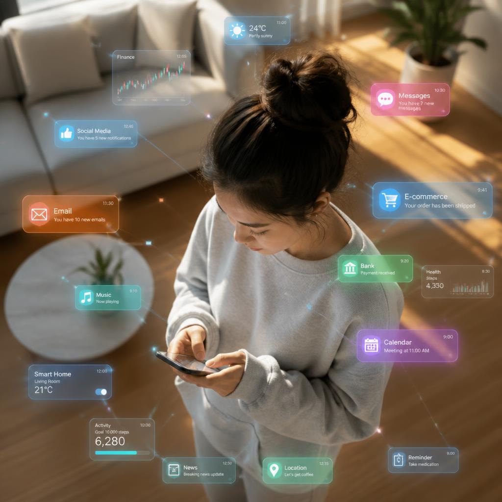 Junge Person mit Smartphone, umgeben von schwebenden Datenkacheln – visuelles Statistik-Magazin zum Internet.