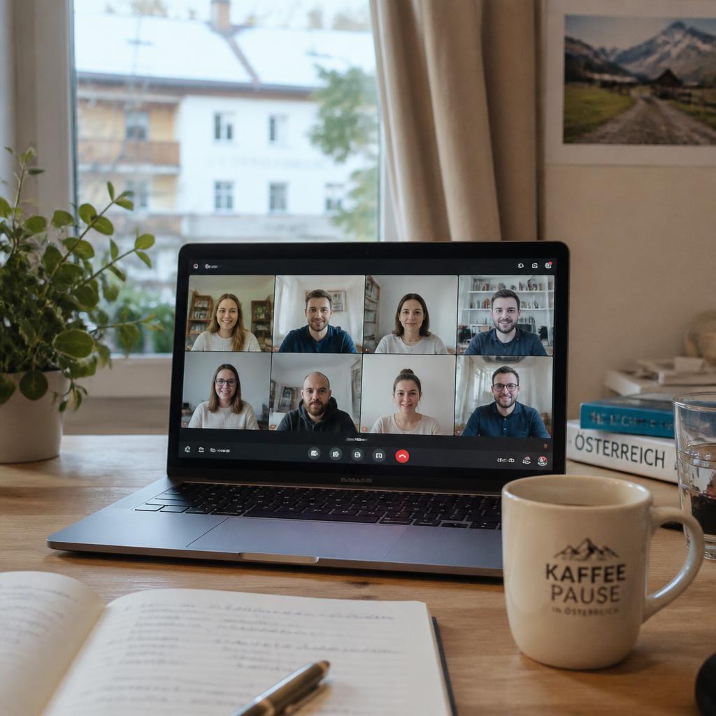 Laptop am Homeoffice-Schreibtisch mit laufender Videokonferenz.