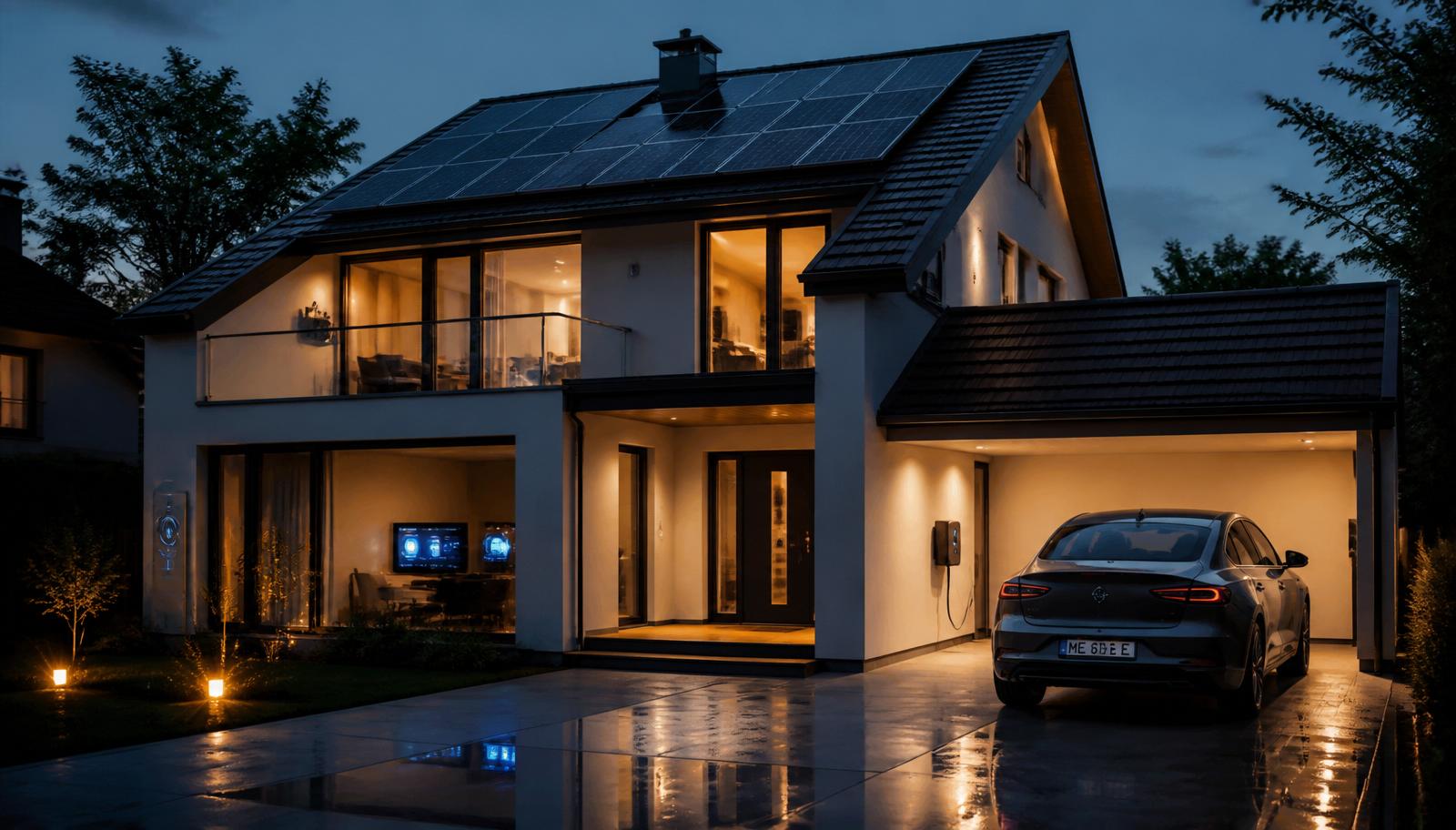 Modernes Einfamilienhaus in der Abenddämmerung mit Photovoltaikanlage, warm beleuchteten Fenstern und E-Auto in der Einfahrt – Symbolbild für das digitale Zuhause 2035