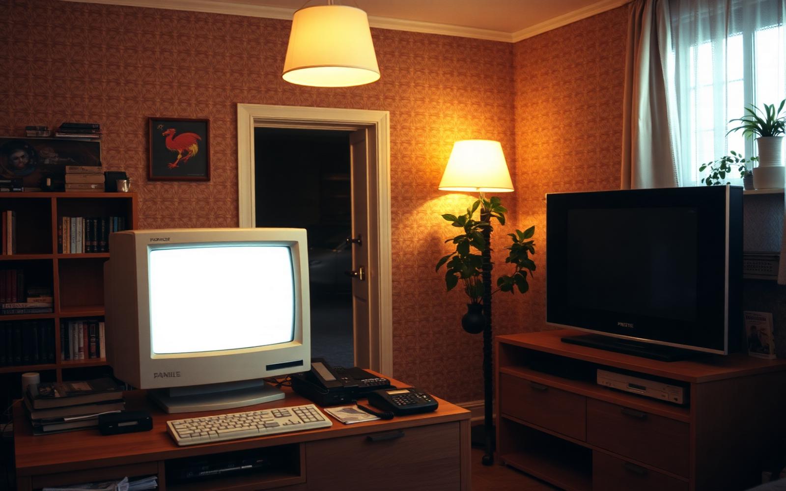 Wohnzimmer Mitte der 1990er Jahre mit Computer und Modem.