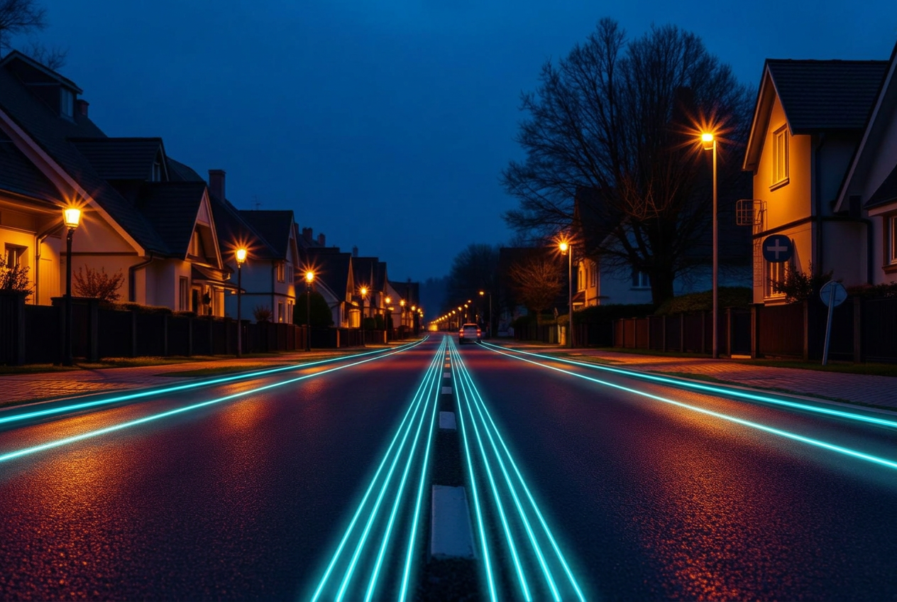 Ruhige Straße in Wimpassing im Schwarzatale bei Abendstimmung mit dezenten blauen Lichtlinien am Boden