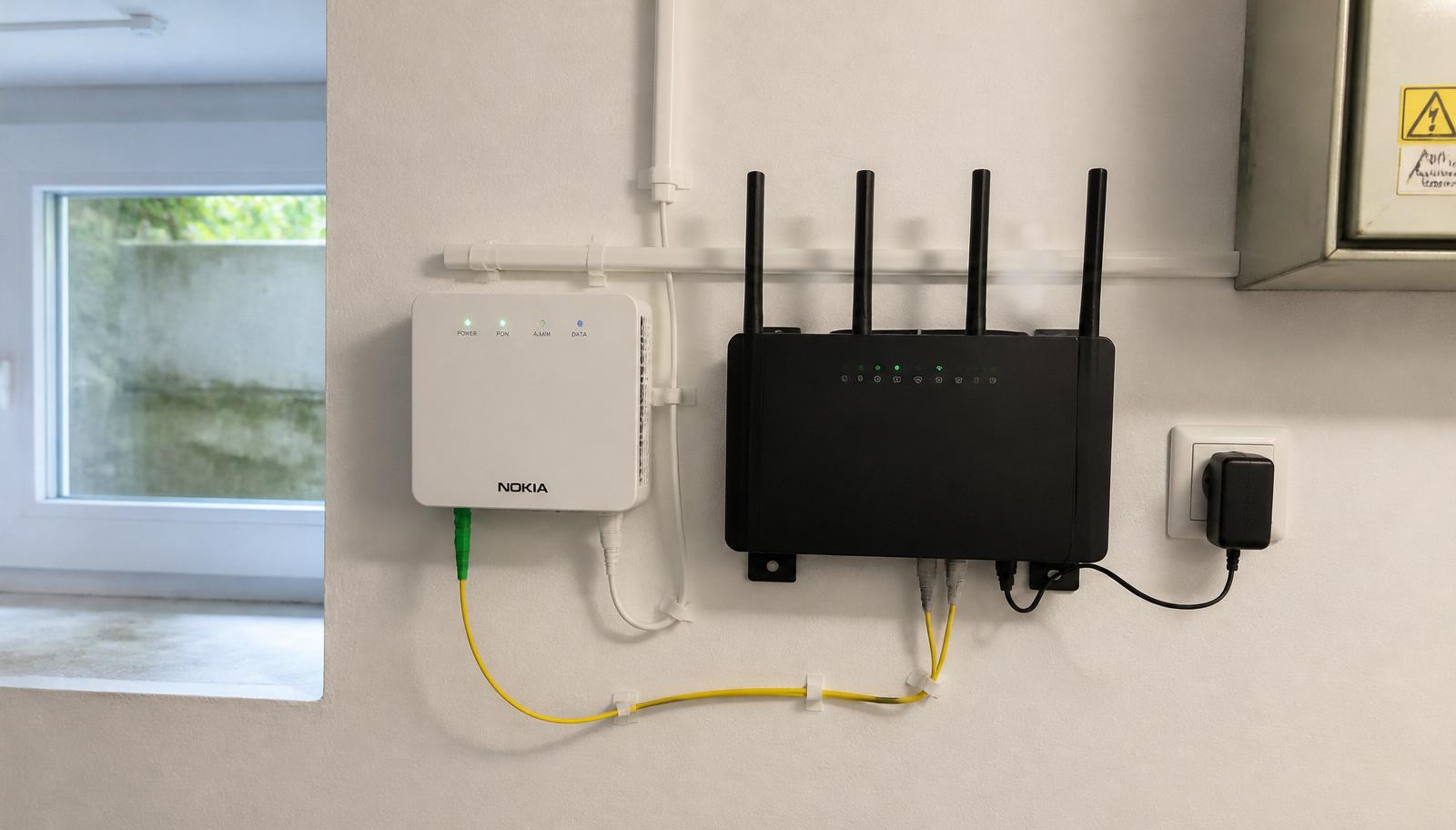 Kleines weißes ONT (Optical Network Terminal) neben einem schwarzen WLAN-Router im Technikraum eines österreichischen Einfamilienhauses, gelbes Glasfaser-Patchkabel mit grünem SC/APC-Stecker