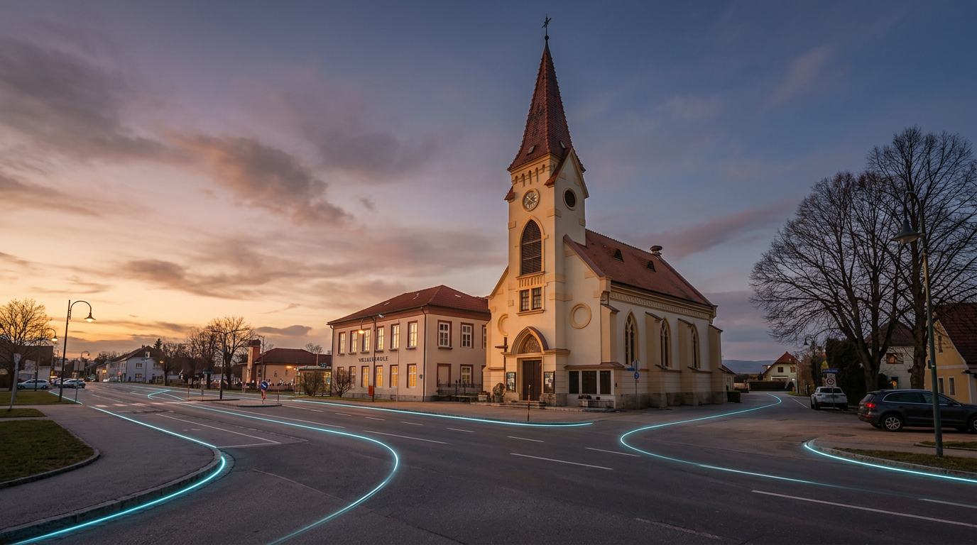 Kirche und Volksschule in Breitenau am Steinfelde bei Abenddämmerung mit dezenten Glasfaser-Lichtlinien auf der Straße