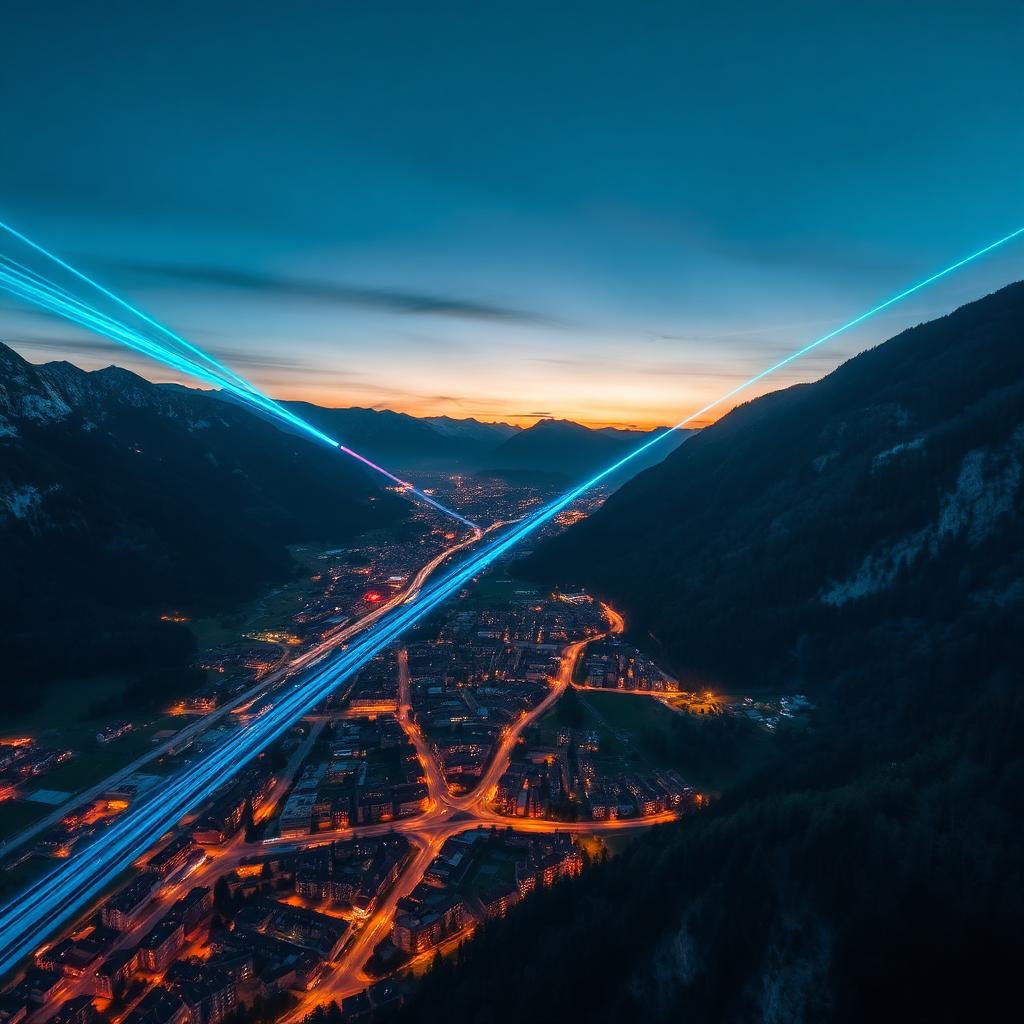 Glasfaser-Lichtsignale über dem Mürztal bei Mürzzuschlag