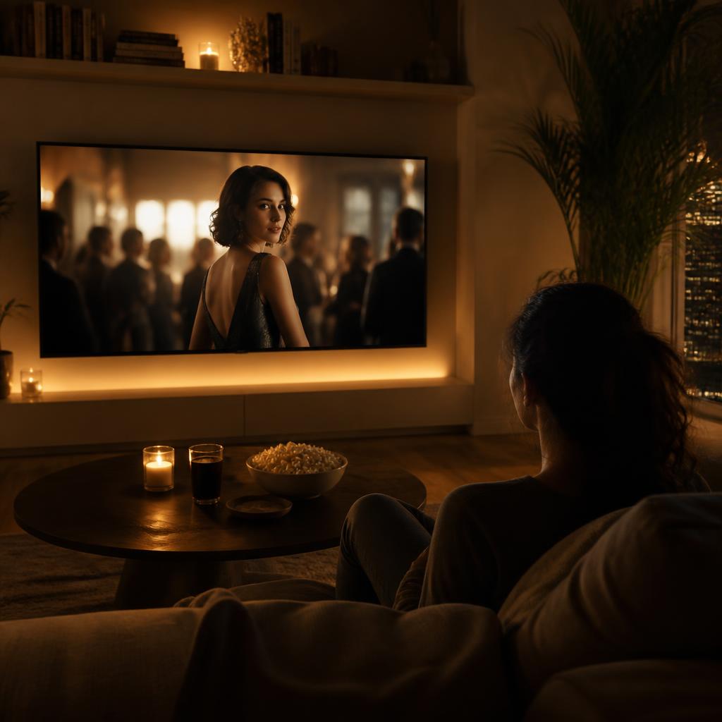 Wohnzimmer bei Nacht, großer Fernseher zeigt einen Kinofilm.