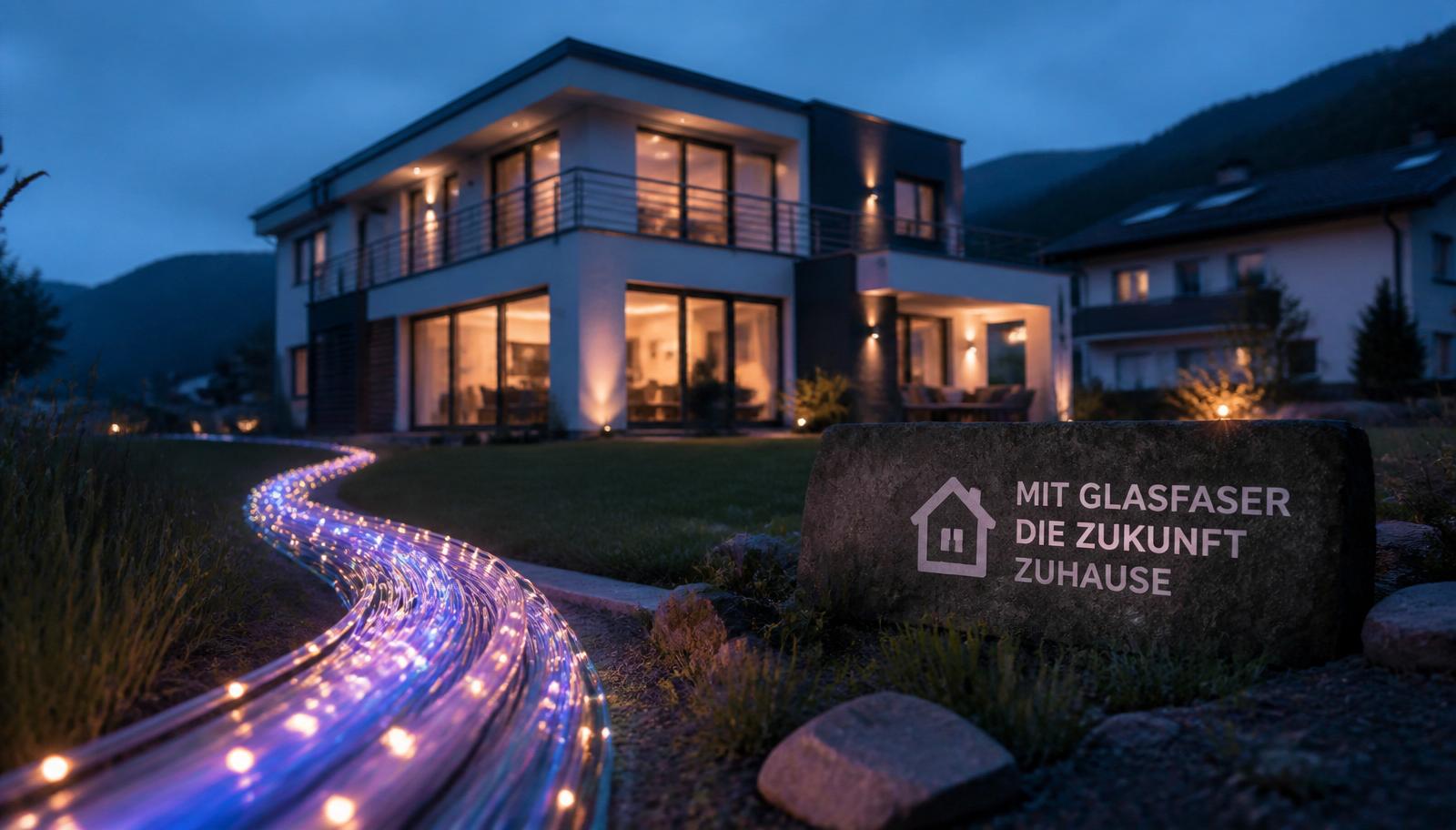Modernes Einfamilienhaus in der Abenddämmerung mit leuchtendem Glasfaserkabel – Symbolbild für digitale Infrastruktur und Immobilienwert