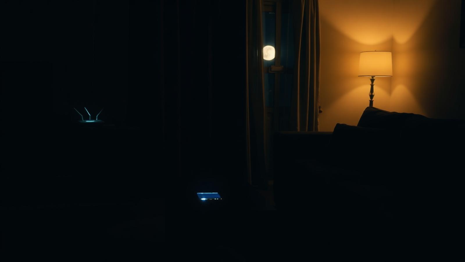 Wohnzimmer bei Nacht mit aktivem Router und verbundenen Netzwerkgeräten