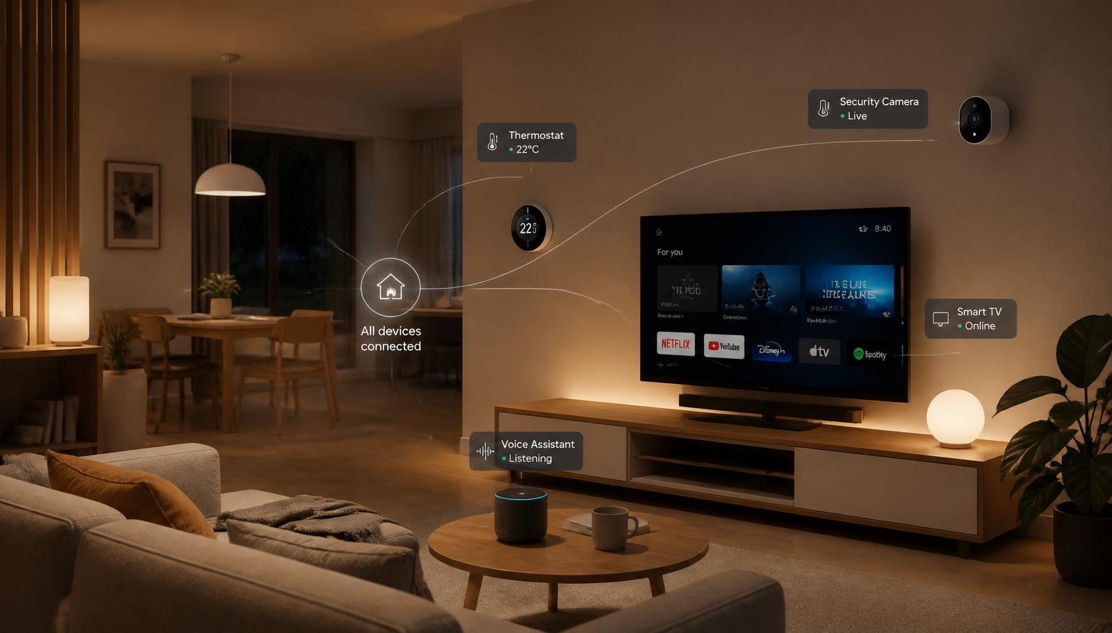 Modernes Wohnzimmer mit vernetzten Smart-Home-Geräten wie Smart-TV, Thermostat, Sprachassistent und Sicherheitskamera