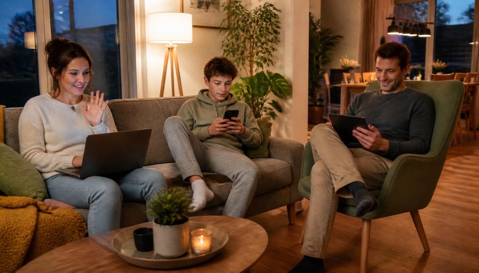 Österreichische Familie im Wohnzimmer nutzt Laptop, Smartphone und Tablet parallel über stabiles WLAN nach der Glasfaserinstallation