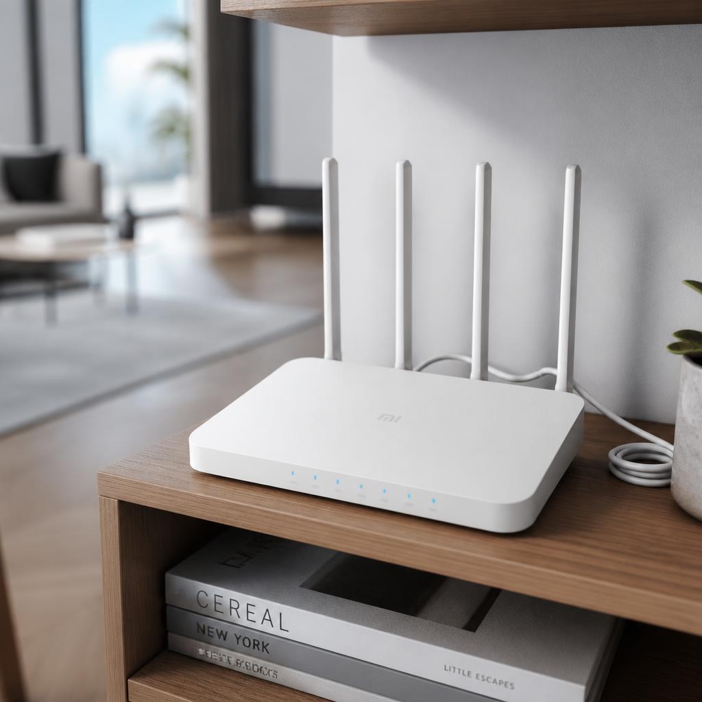 Moderner WLAN-Router auf einem Regal in einem hellen Wohnzimmer.