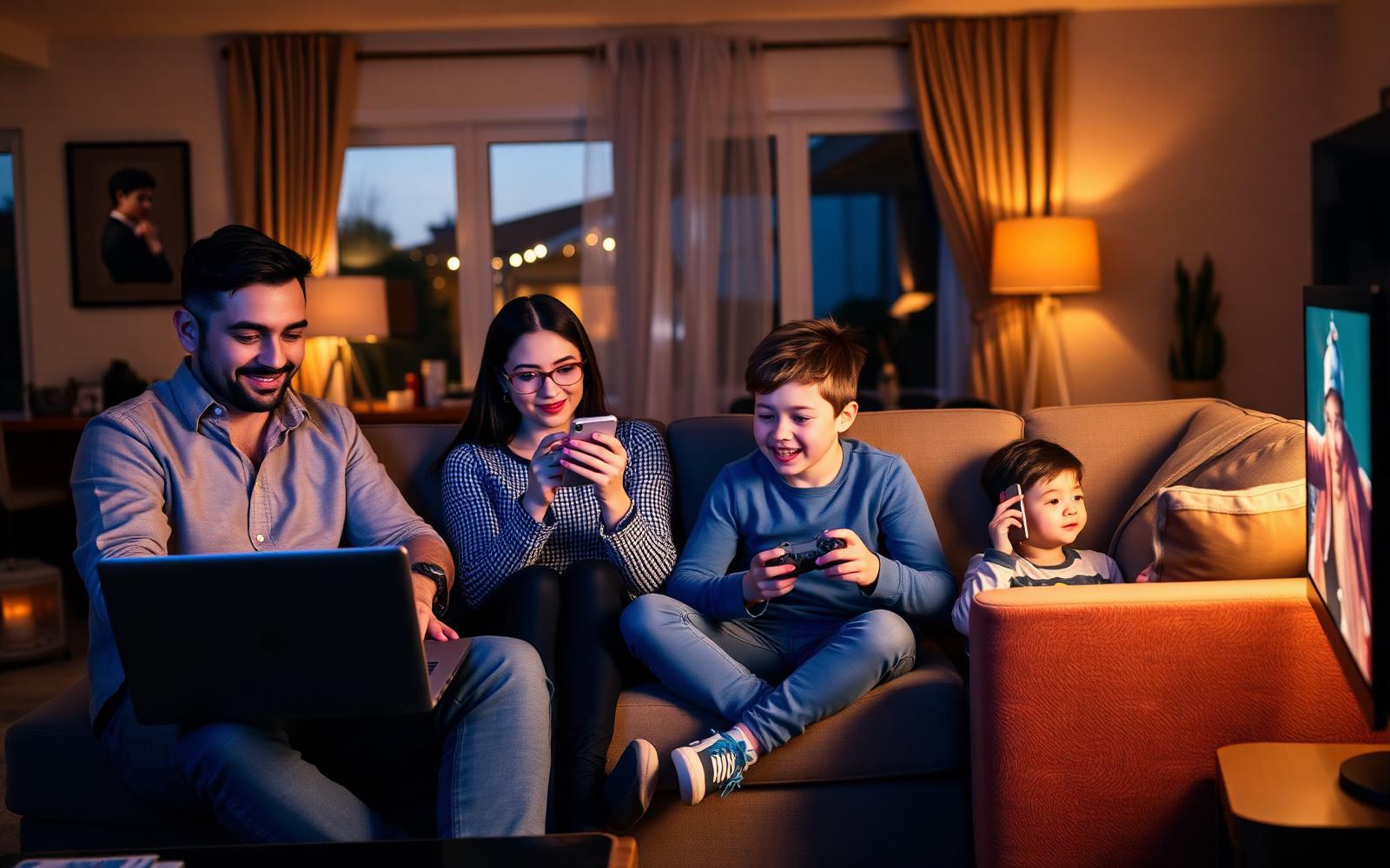Familie im Wohnzimmer nutzt gleichzeitig Laptop, Tablet, Konsole und Smartphone.