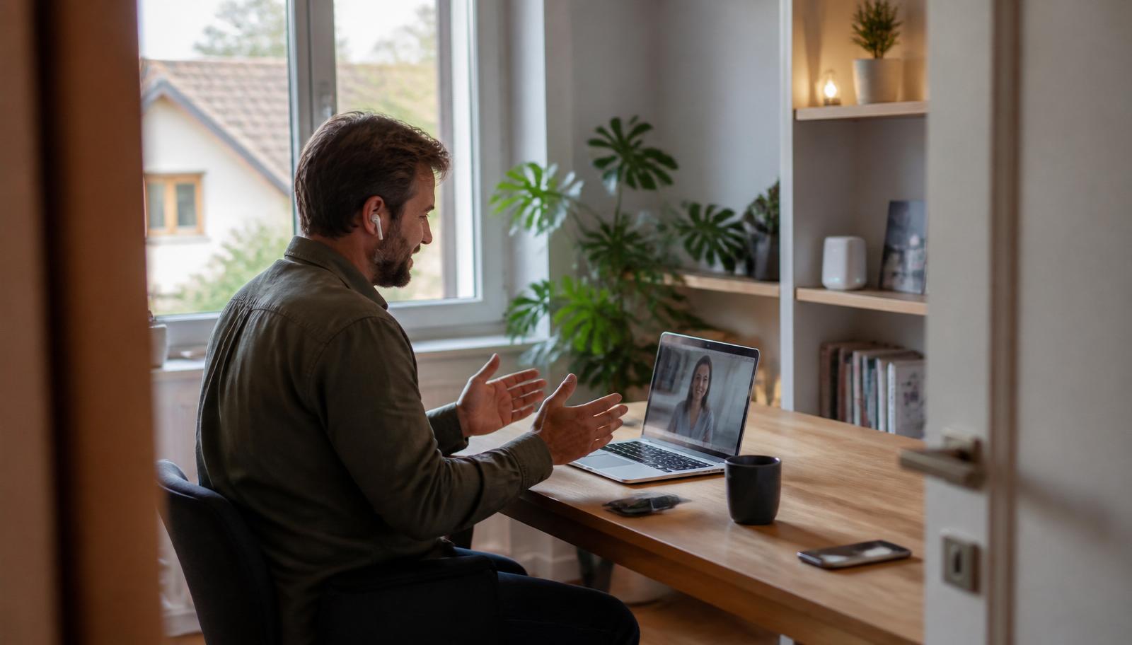 Homeoffice-Arbeitsplatz mit ruhiger Videokonferenz am Laptop, im Hintergrund dezent sichtbarer weißer Mesh-Knoten auf einem Regal