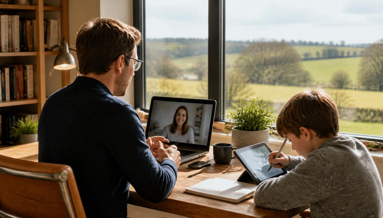 Vater im Homeoffice bei einer Videokonferenz, Kind lernt daneben am Tablet – ländliche Umgebung durch das Fenster sichtbar