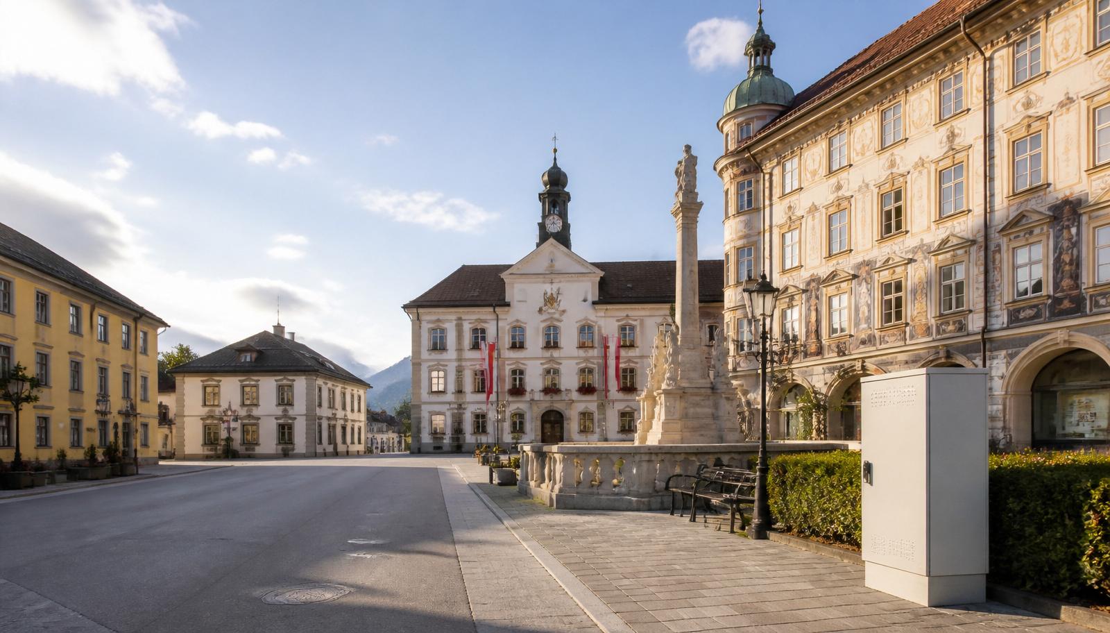 Historischer Ortskern einer österreichischen Gemeinde mit Rathaus und moderner Glasfaser-Verteilerbox am Gehsteig