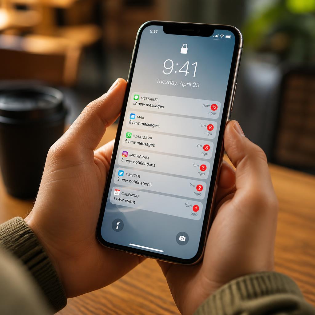 Hand mit Smartphone, das viele Benachrichtigungen auf dem Sperrbildschirm anzeigt.
