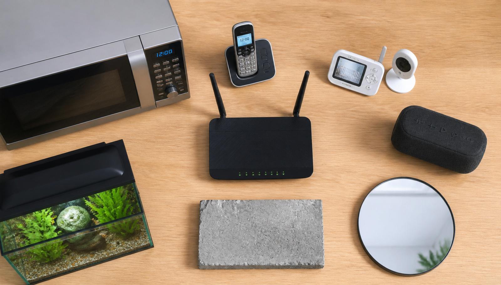 Typische WLAN-Störquellen im Haushalt: Mikrowelle, DECT-Telefon, Babyfon, Bluetooth-Lautsprecher, Aquarium, Betonwand und Spiegel um einen Router angeordnet