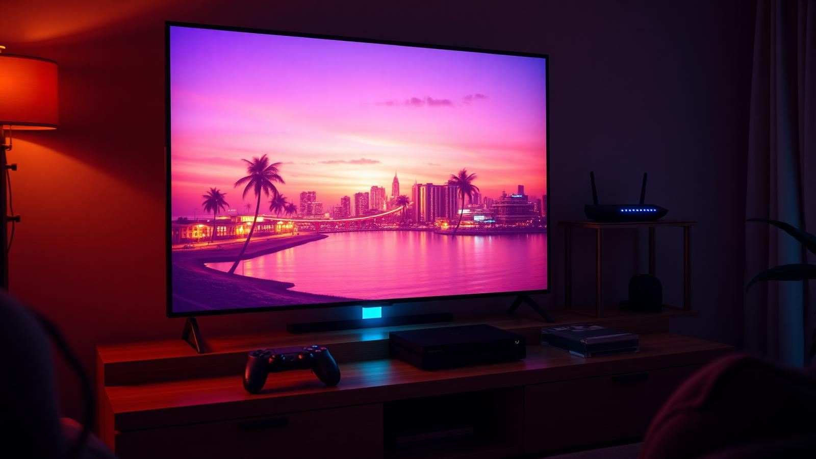 Modernes Wohnzimmer mit Konsole, Controller und stabilem Heimnetzwerk am Release-Abend.