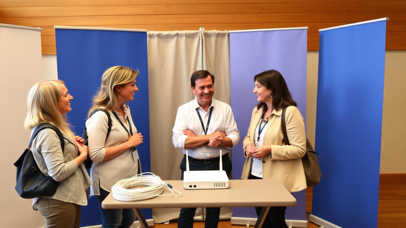 Beratungsgespräch mit Besuchern auf einer Glasfasermesse in Österreich