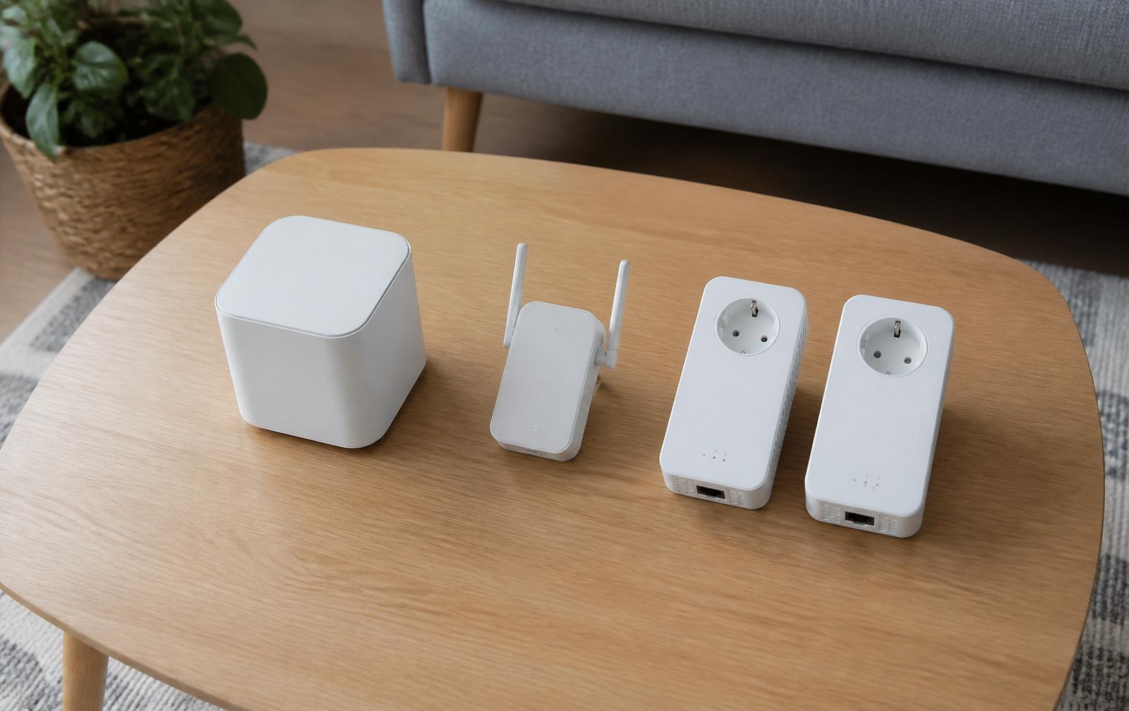 Mesh-Node, WLAN-Repeater und Powerline-Adapter nebeneinander auf einem Holztisch im Wohnzimmer
