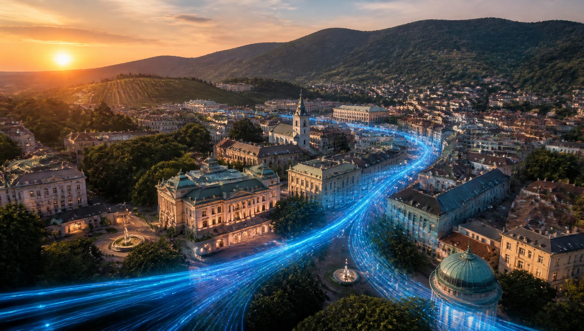 Glasfaser-Lichtsignale über der Kurstadt Baden bei Wien