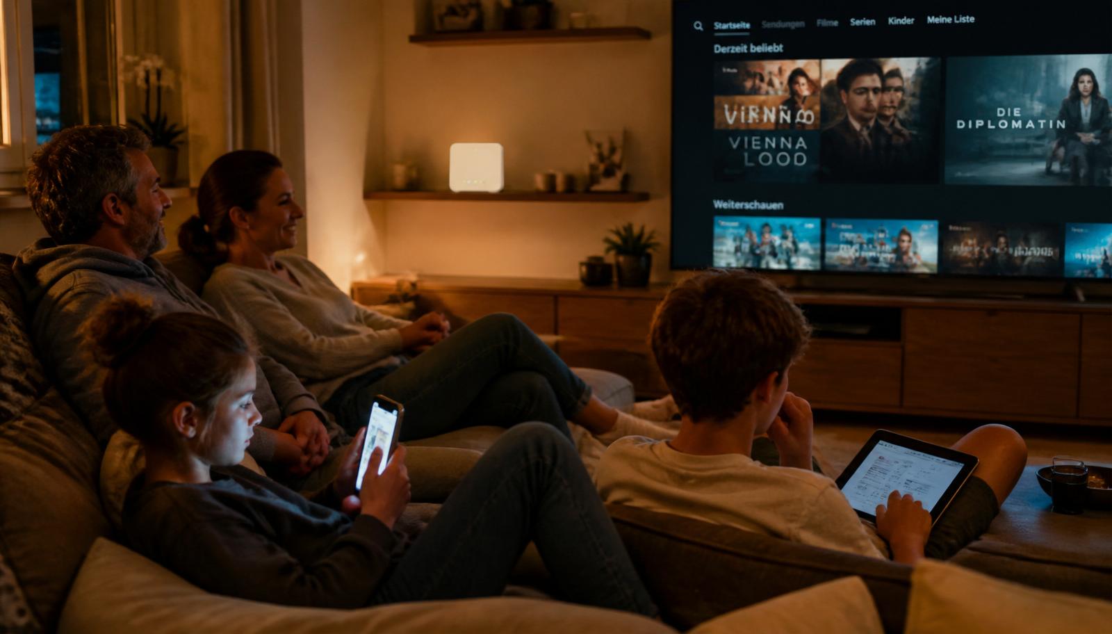 Familie nutzt am Wochenende mehrere internetfähige Geräte gleichzeitig.