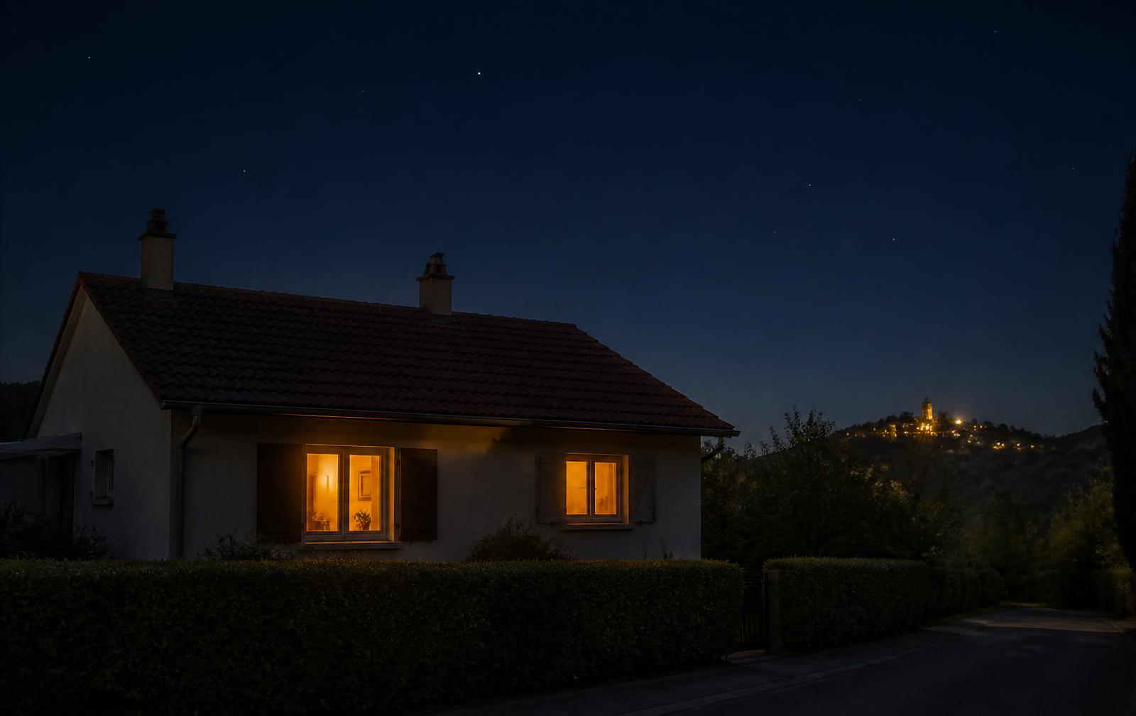 Wohnhaus bei Nacht mit ruhiger Atmosphäre.