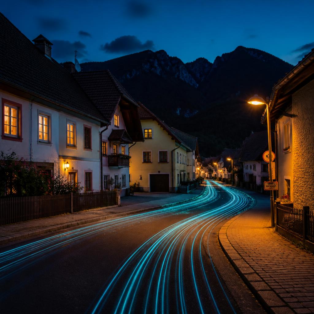 Ruhige Wohnstraße in Breitenau am Steinfelde bei Abendstimmung mit dezenten blauen Lichtlinien am Boden