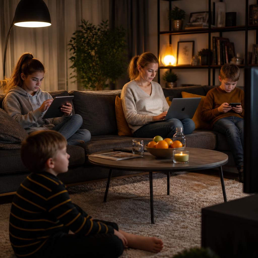 Familie am Abend im Wohnzimmer, jedes Familienmitglied nutzt ein eigenes Gerät.