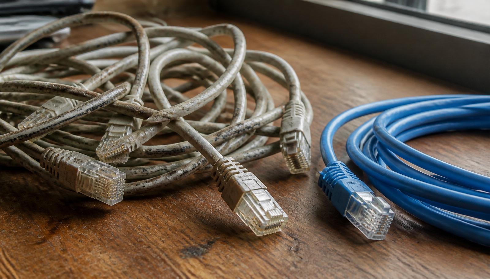 Vergleich zwischen einem alten verstaubten Cat5-Netzwerkkabel und einem neuen blauen Cat6-Kabel auf Holztisch