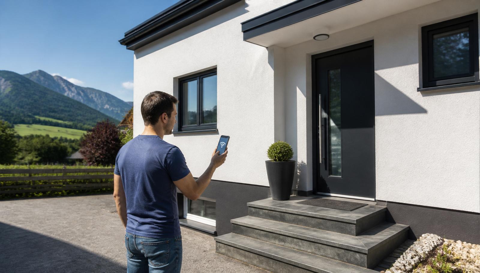 Modernes österreichisches Einfamilienhaus mit sichtbarem Kellerfenster, Person steht vor der Haustür und blickt auf schwaches WLAN-Signal am Smartphone
