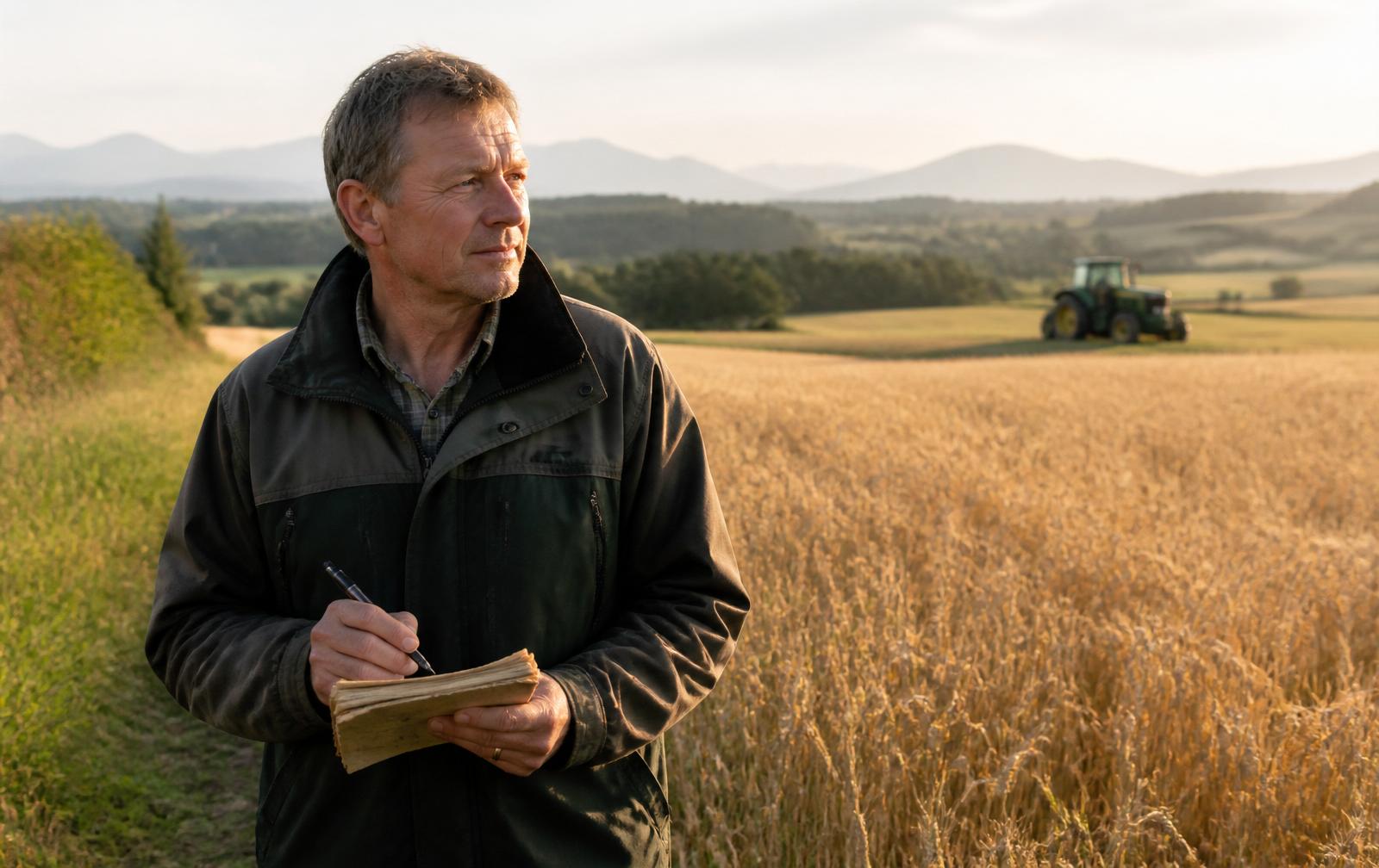 Landwirt arbeitet auf einem Feld und plant den Arbeitstag.