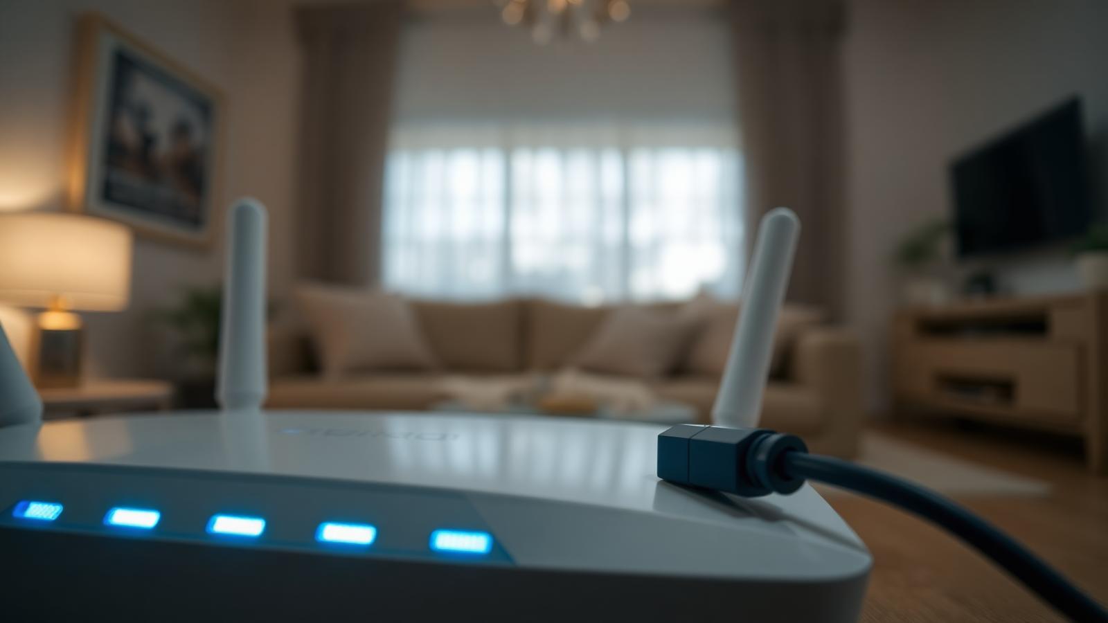 Moderner Glasfaser-Router mit blauen LED-Anzeigen und angeschlossenem Netzwerkkabel im Wohnzimmer