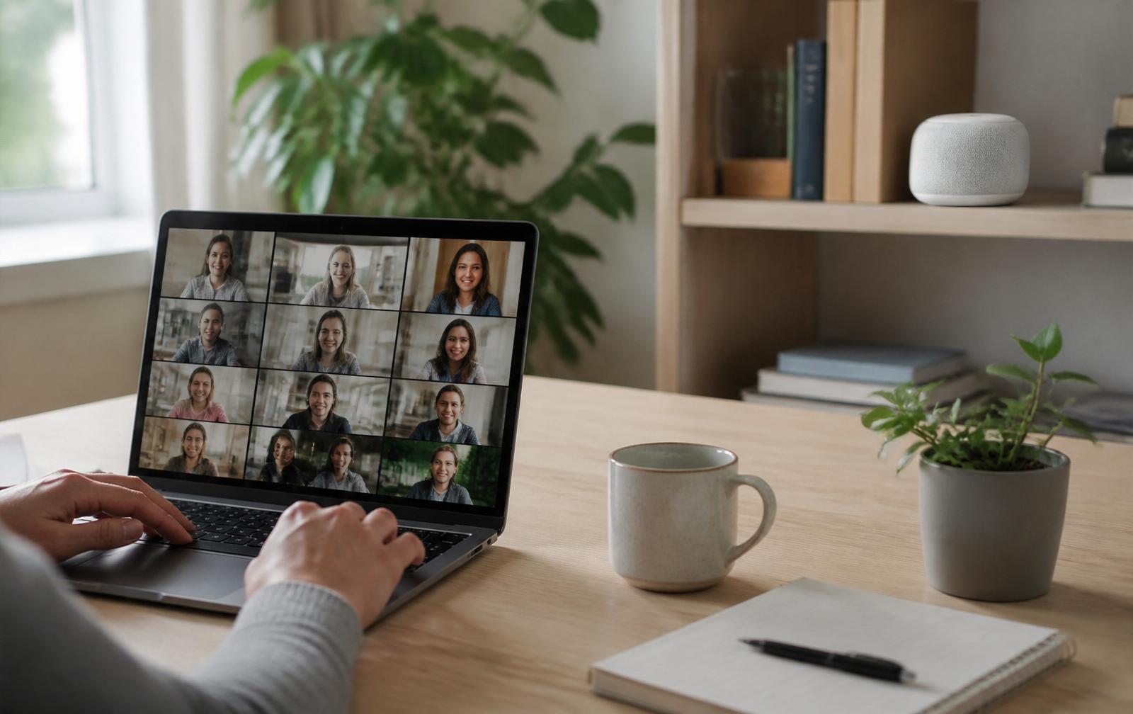 Homeoffice-Arbeitsplatz mit Laptop, Videokonferenz auf dem Bildschirm und einem Mesh-Knoten dezent im Hintergrund