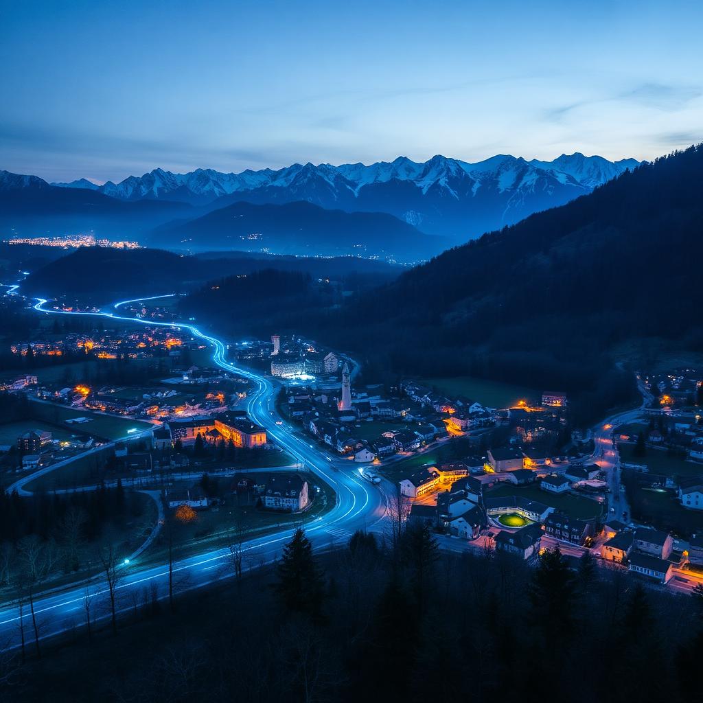 Glasfaser-Lichtsignale über dem Bezirk Neunkirchen mit Alpenpanorama
