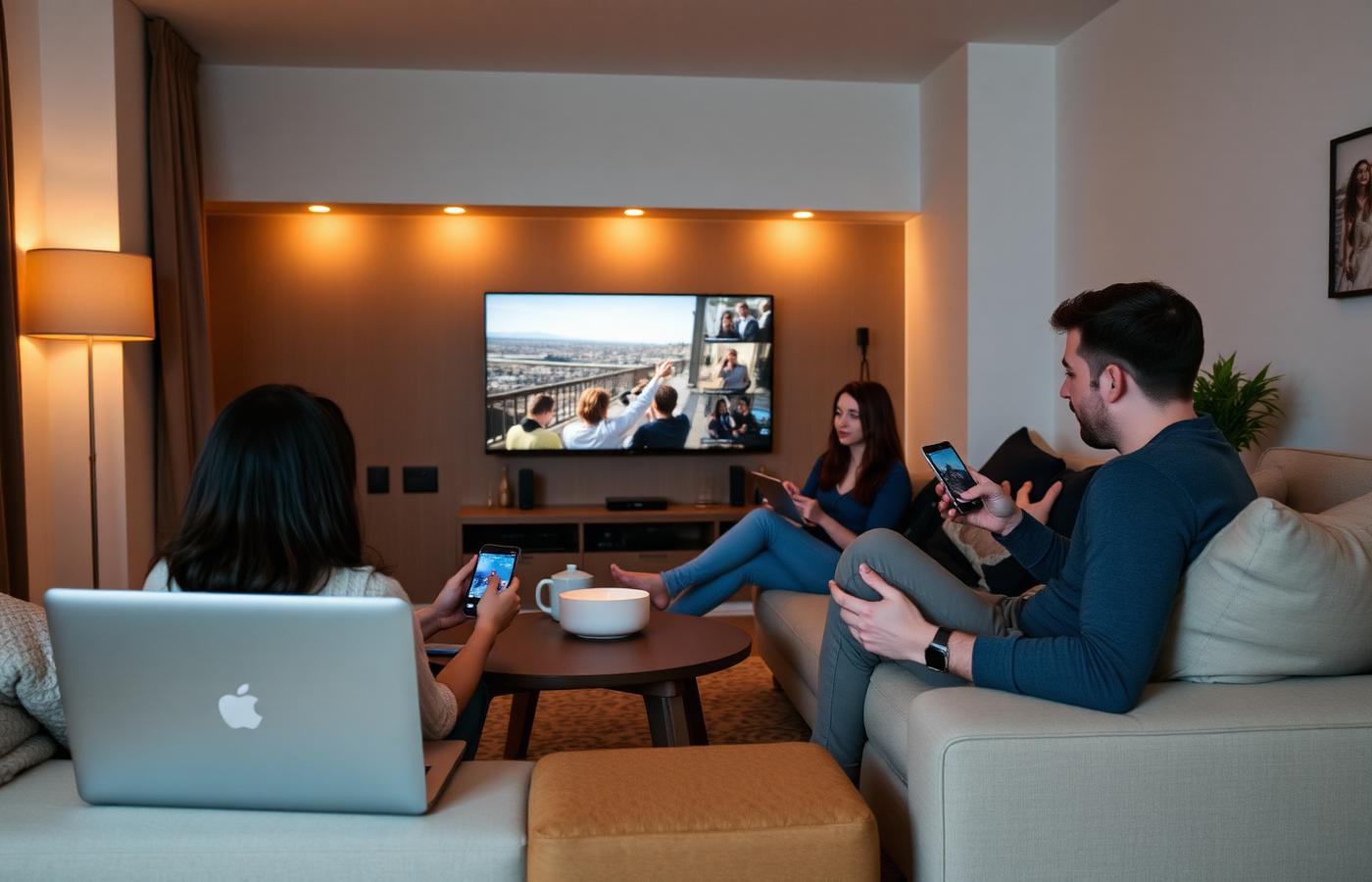 Familie im Wohnzimmer nutzt gleichzeitig Smart-TV, Laptop, Tablet und Smartphone über eine Glasfaserverbindung