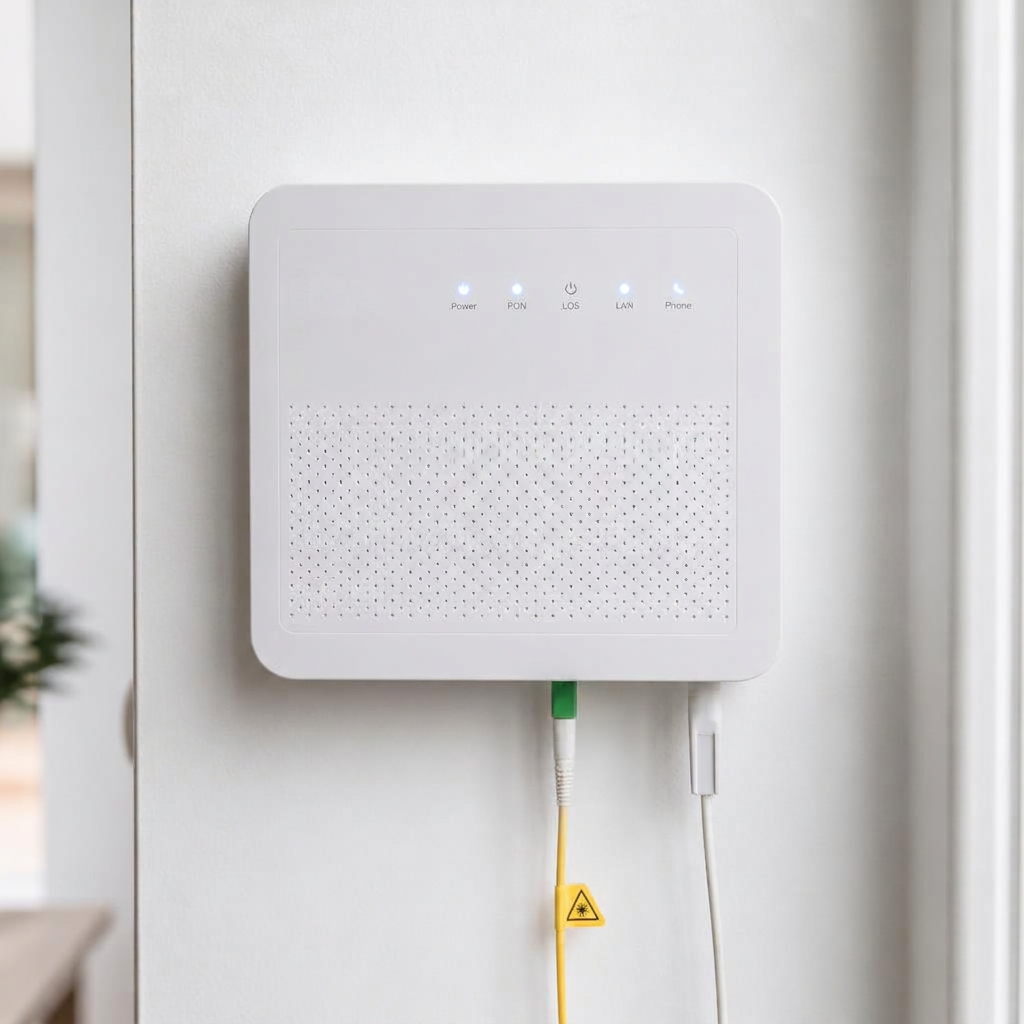 Weißer Glasfaser-Router mit blau leuchtenden Status-LEDs an einer Wand in einer hellen Wohnung montiert.