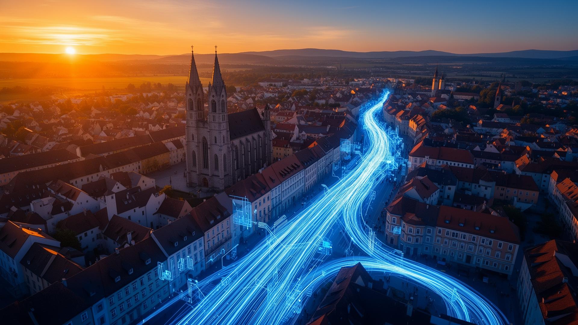 Glasfaser-Lichtsignale über der Altstadt von Wiener Neustadt