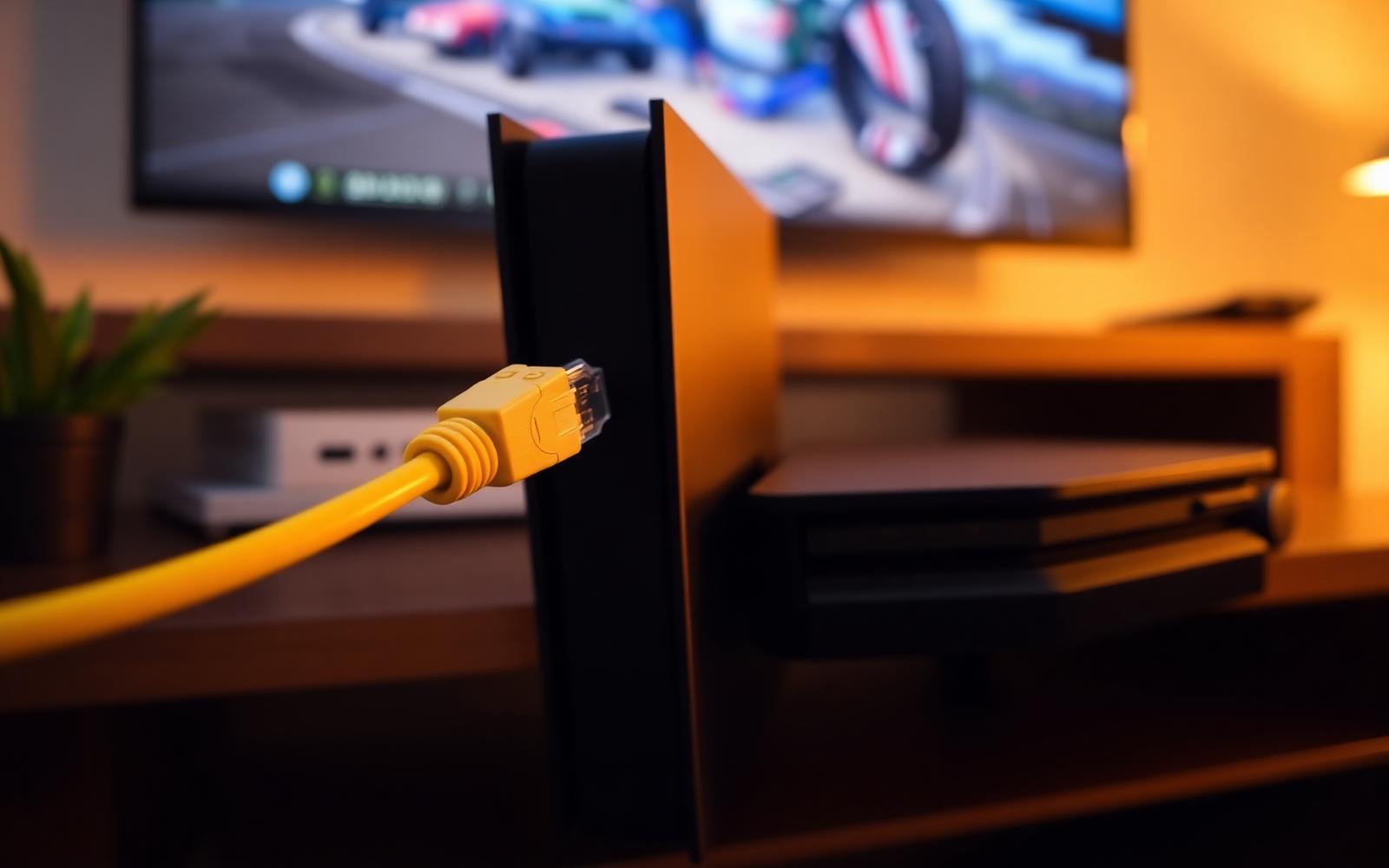 Netzwerkkabel führt vom Router zur Spielkonsole neben dem Fernseher.
