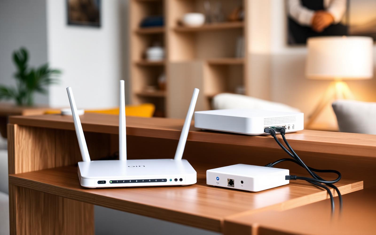 Optimal platzierter Router und ONT auf einem offenen Regal.