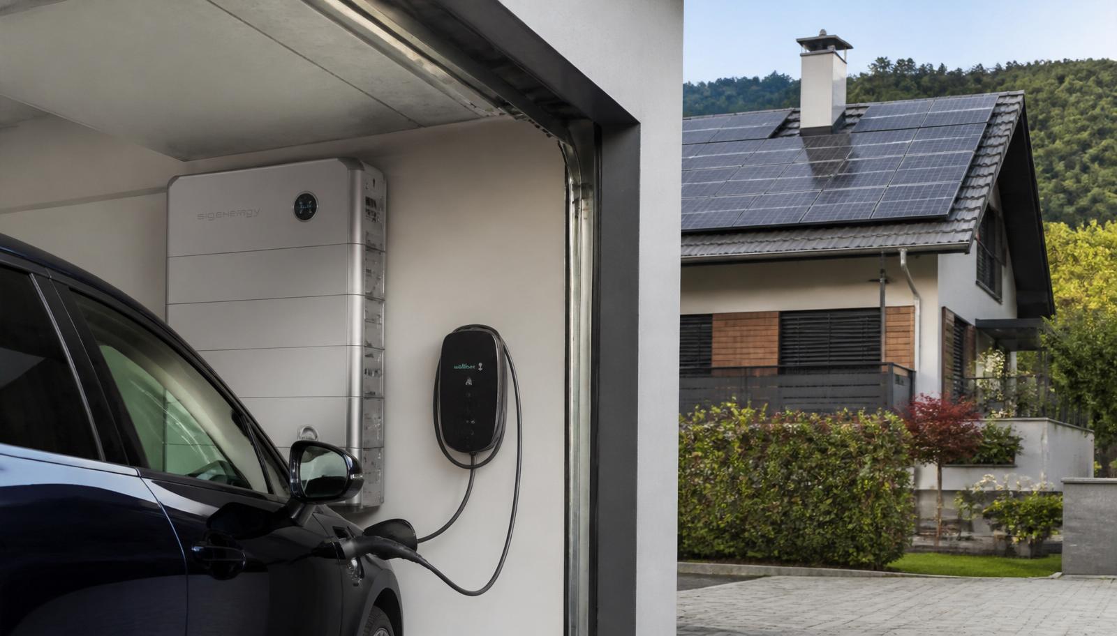 E-Auto lädt an einer Wallbox in der Garage, daneben ein Batteriespeicher – im Hintergrund ein Haus mit Photovoltaikanlage