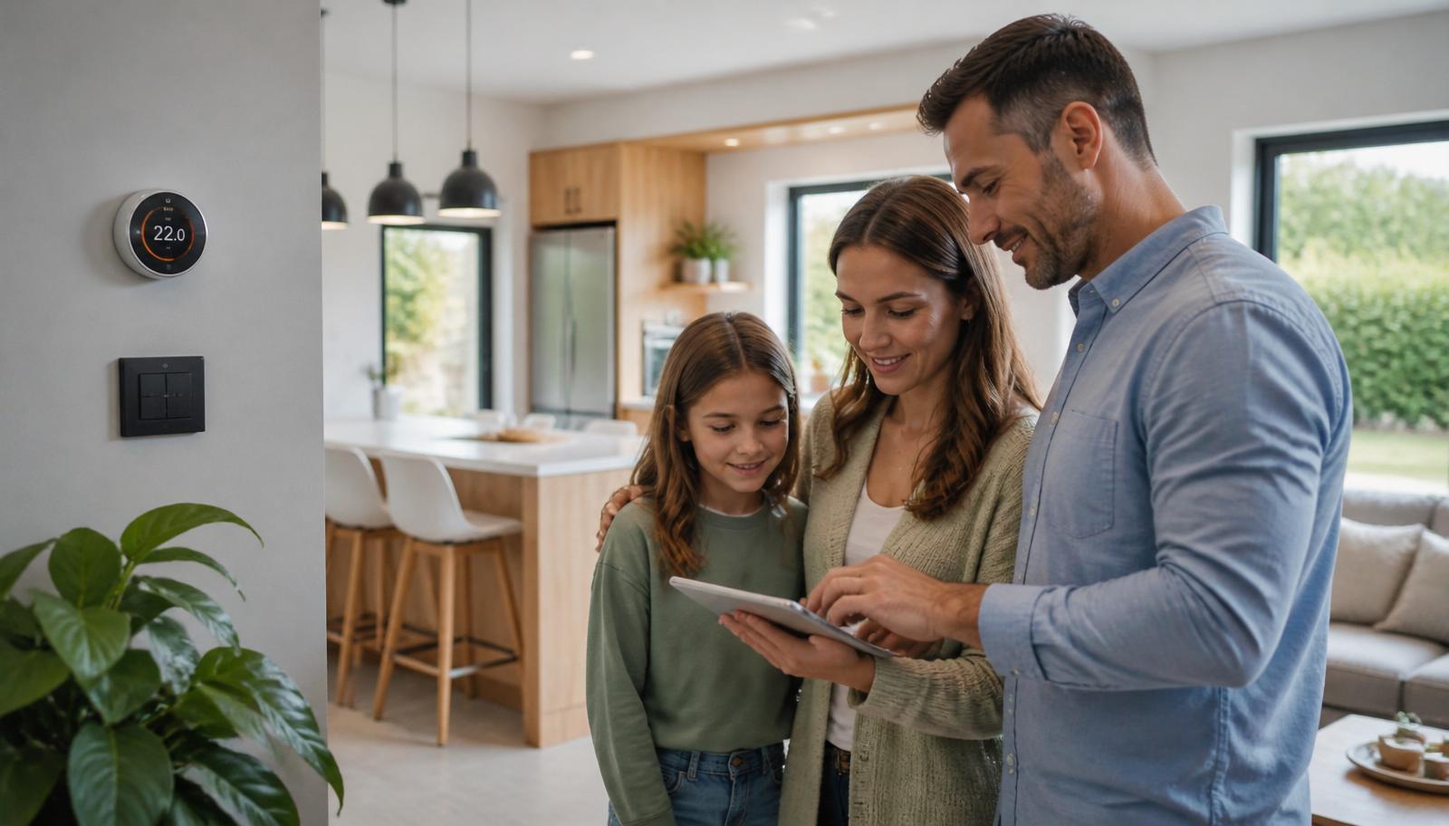Familie steuert das smarte Zuhause per Tablet – vernetztes Thermostat und moderne Wohnküche im Hintergrund