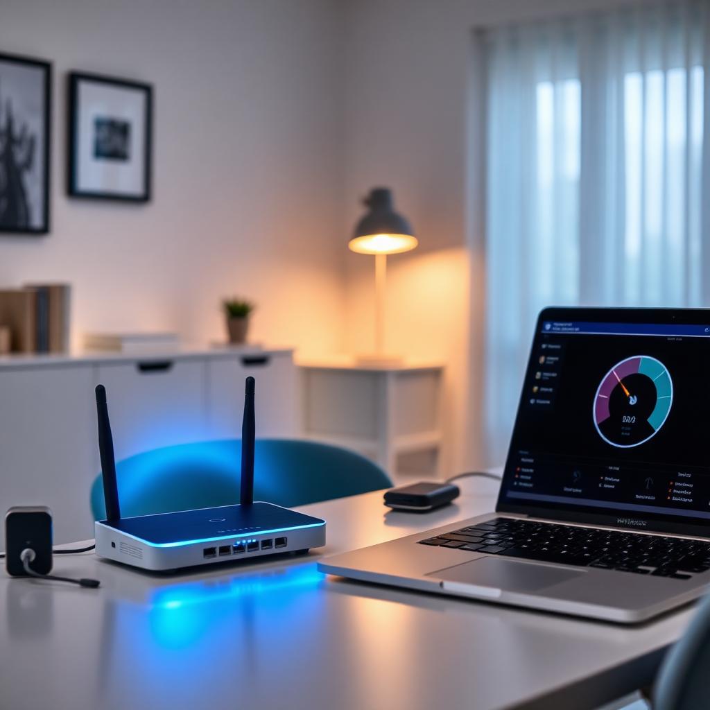 Moderner WLAN-Router auf Schreibtisch neben Laptop mit Speedtest