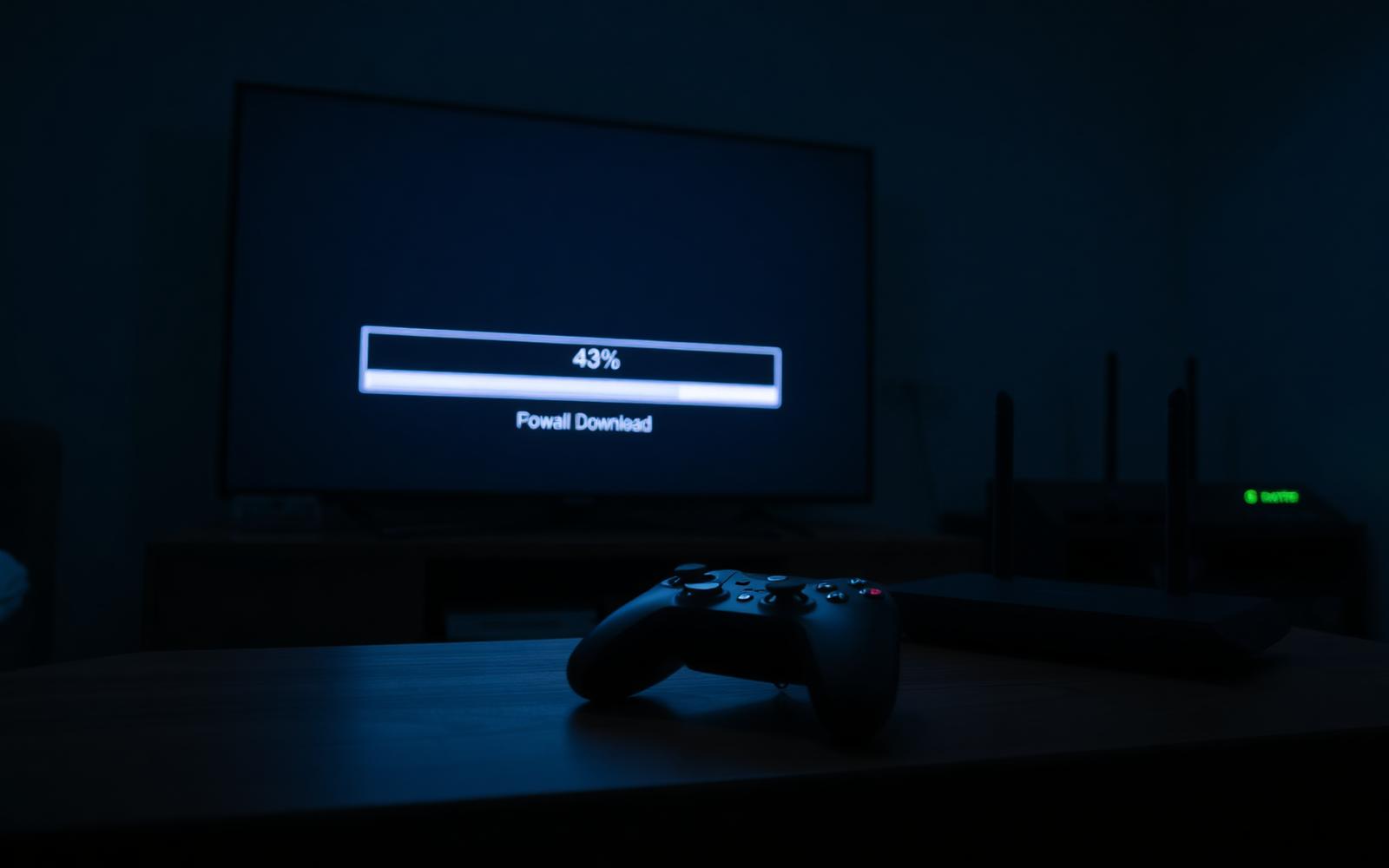 Großer Spiele-Download in der Nacht mit Fortschrittsbalken am Fernseher.