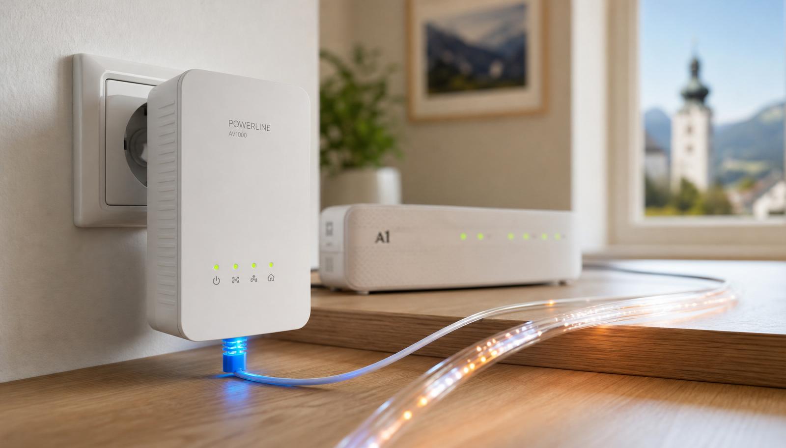 Powerline-Adapter in einer österreichischen Steckdose mit leuchtendem Glasfaserkabel und Router im Hintergrund – Kombination aus Stromnetz und Glasfaser