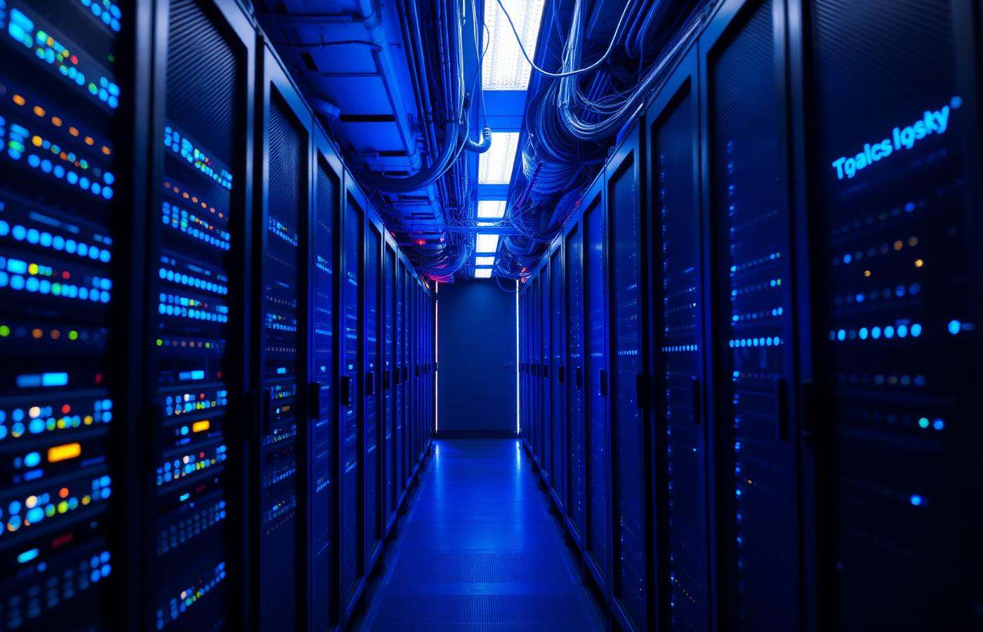 Rechenzentrum mit leuchtenden Servern und Glasfaserkabeln – hier laufen die Daten der Welt zusammen