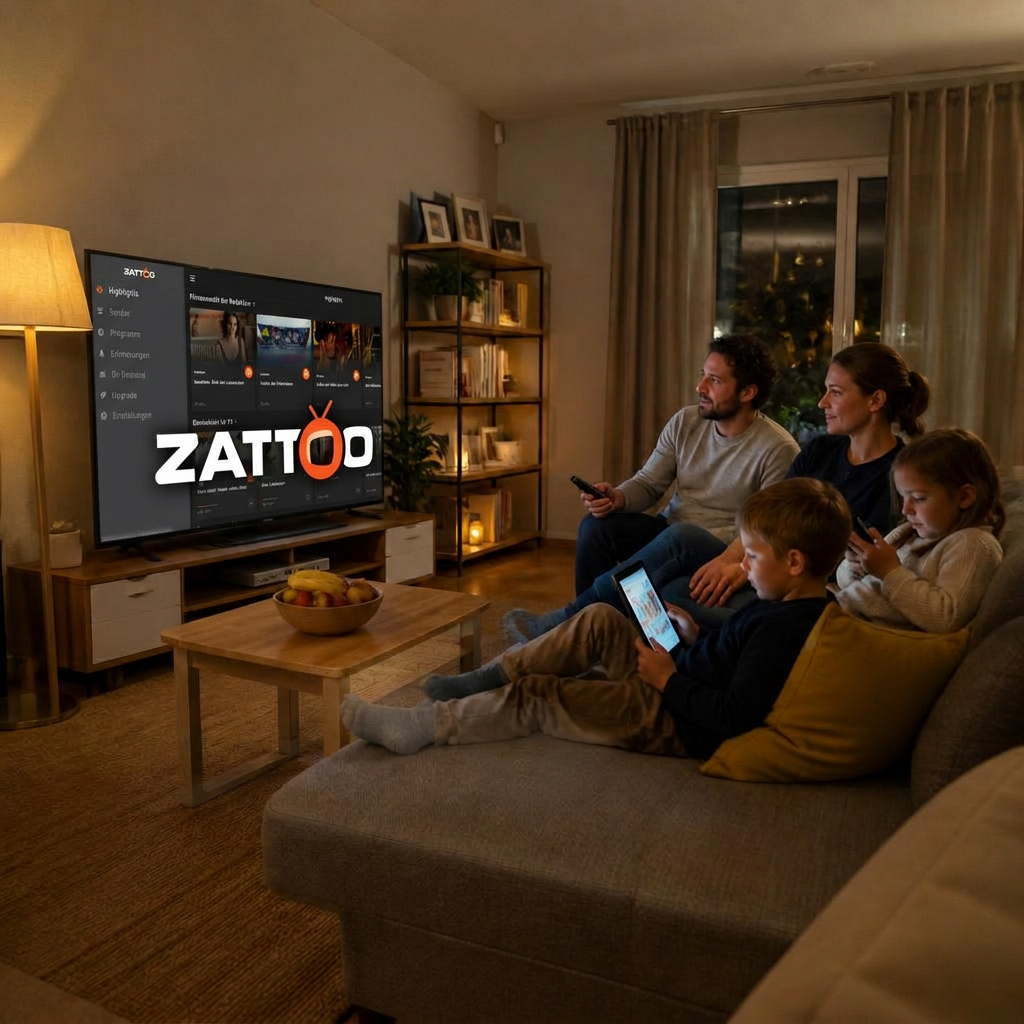 Familie im Wohnzimmer schaut fern über DIALOG TV mit Zattoo-Oberfläche am TV, während die Kinder gleichzeitig Tablet und Smartphone nutzen.
