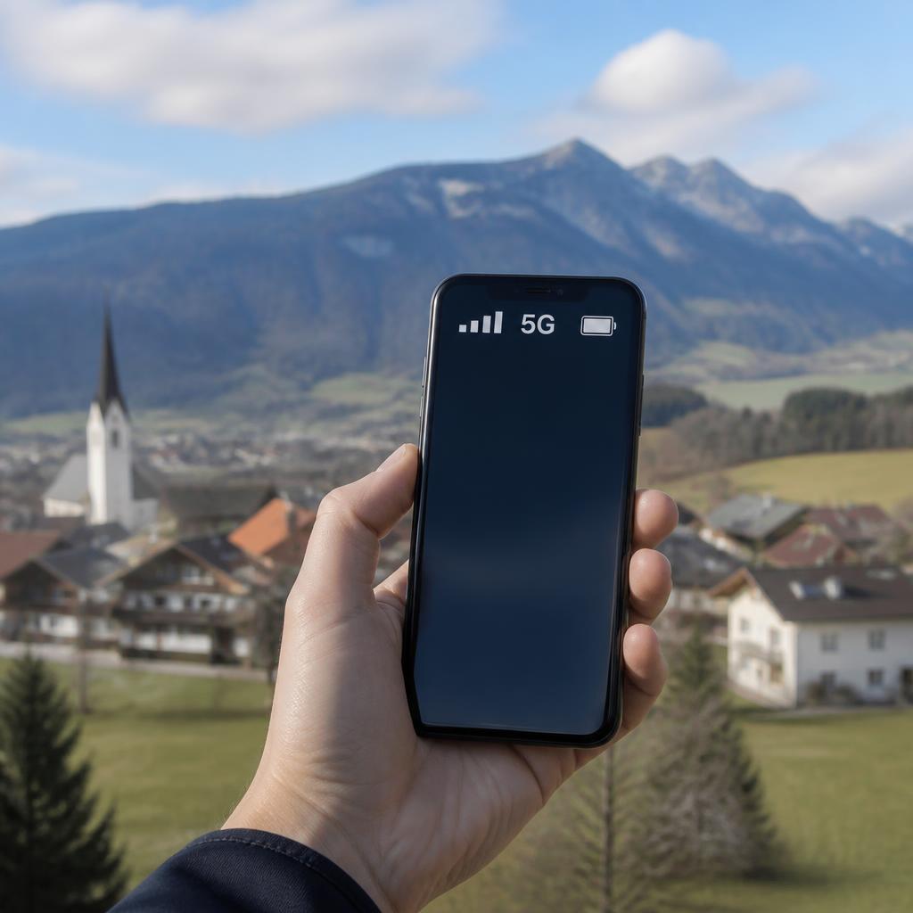 Hand hält ein Smartphone mit 5G-Empfang, im Hintergrund eine ländliche Ortschaft in Niederösterreich mit Bergen.