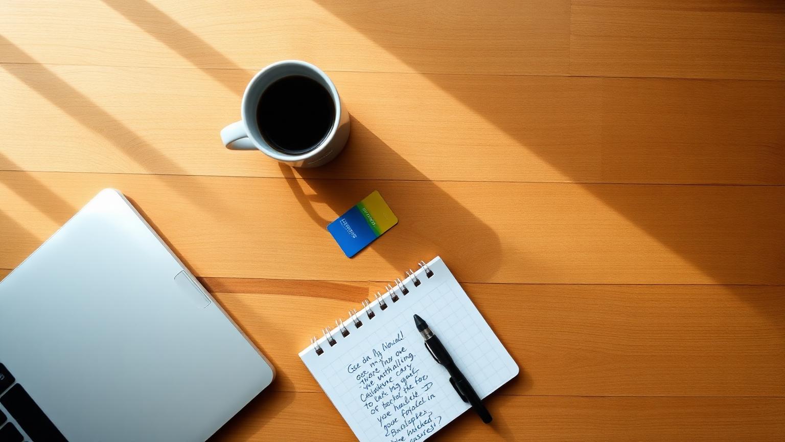 Küchentisch von oben mit geschlossenem Laptop, Notizblock, Stift, Kaffeetasse und Bankkarte