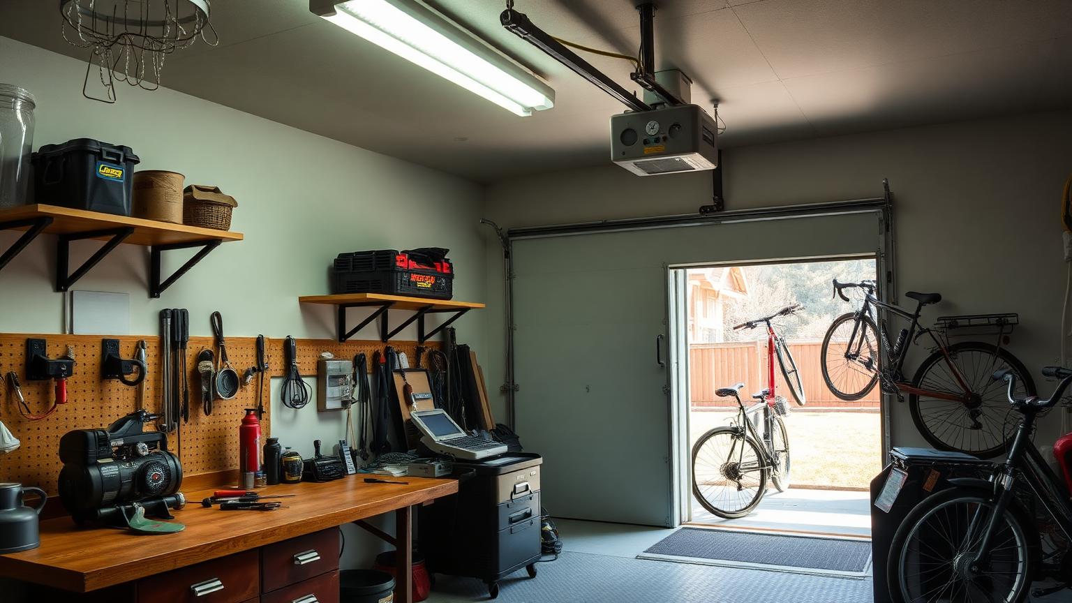 Aufgeräumte Hausgarage mit Werkbank, Kompressor, Werkzeugwand und Fahrrädern